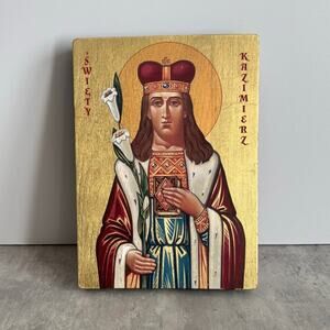 Saint Casimir Handmade Wooden Plaque Religious Icon Gold Leaf Poland Lithuania